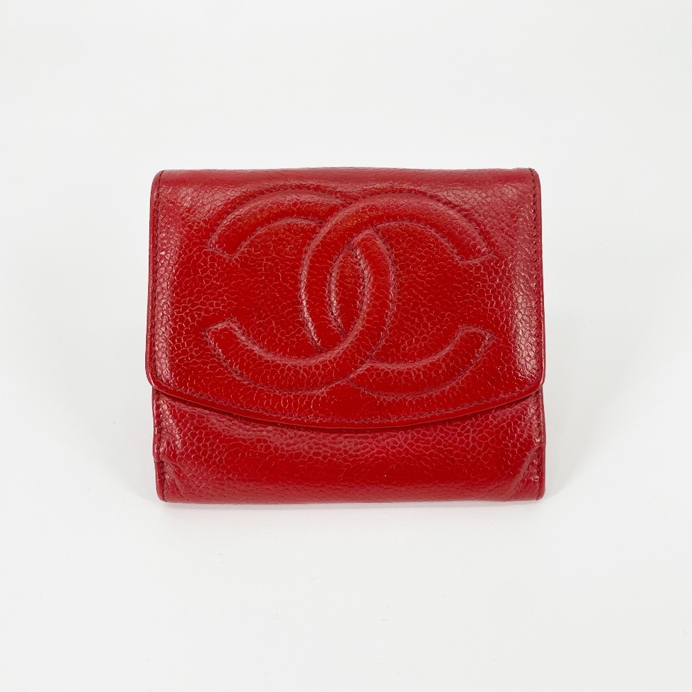 Chanel Classic Vintage 90s CC Bifold Small Wallet Red Caviar Leather